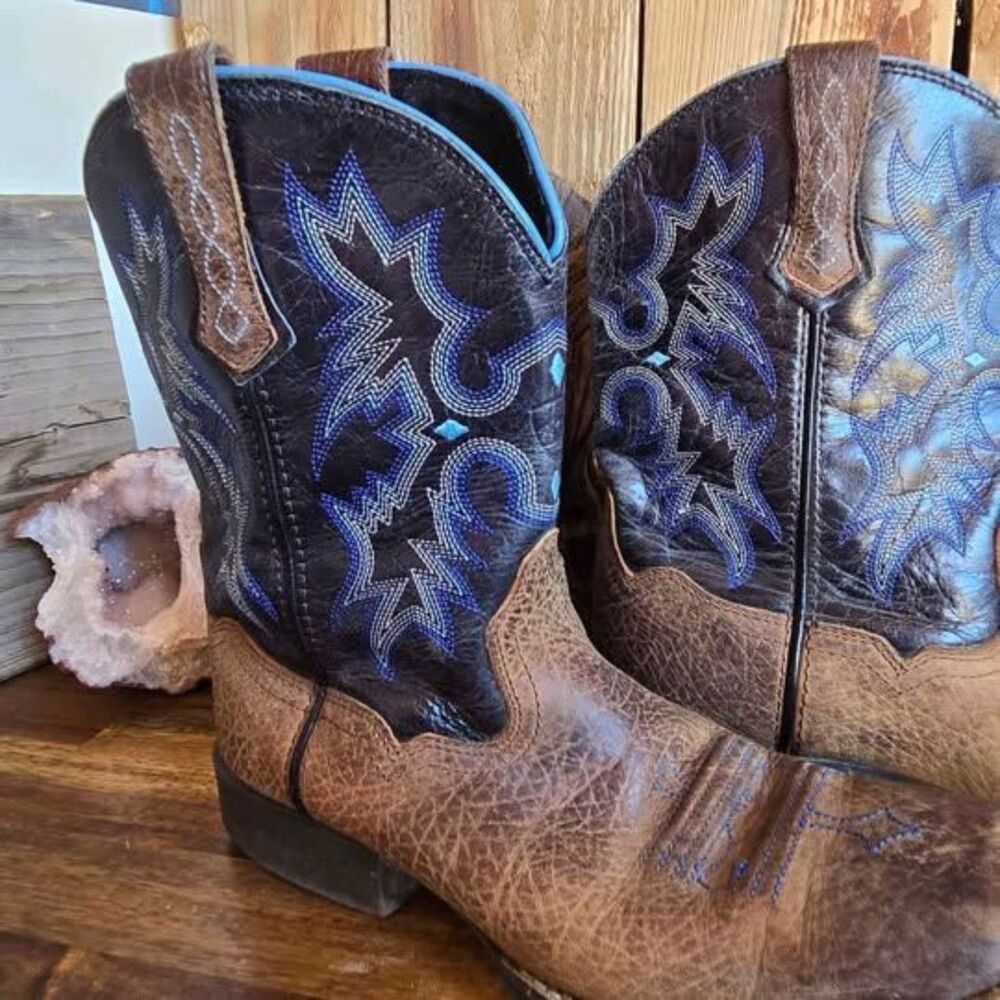 Ariat 4LR Youth Size 5 Western Cowboy Boots Distressed Brown Leather Blue